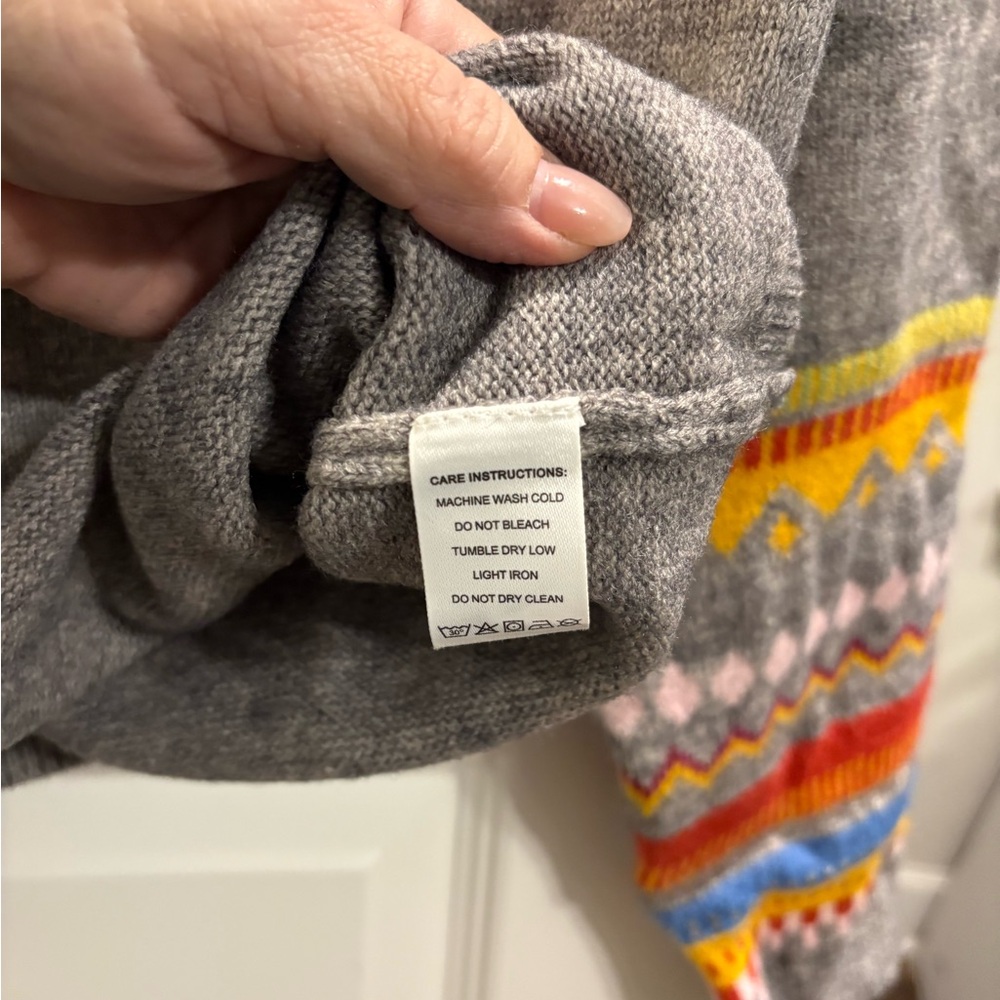 Gray Knit Sweater with Colorful Pattern